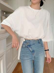 Camiseta de hombros caídos con cordón en el bajo, estilo preppy - Blanco - Ver 5