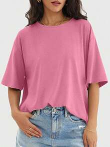 Camiseta holgada para mujer de manga corta y cuello redondo, camisa casual estilo Y2K, básica para deportes de verano - Rosa - Ver 2