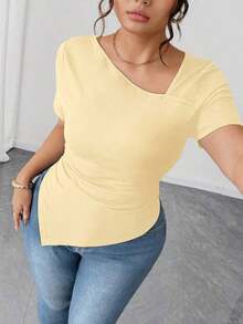 Camiseta de manga corta de cuello asimétrico para mujer talla grande, top ajustado versátil y elegante de alta gama, adecuado para primavera/verano - amarillo ganso - Ver 6