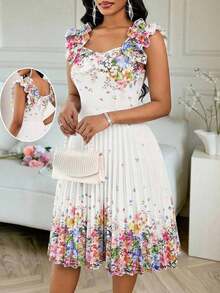 Vestido mini de fiesta con estampado floral y pliegues a la moda para mujer - Multicolor 2 - Ver 1