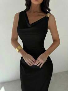 Vestido de mujer de cuello asimétrico blanco con volantes en la cintura, vestido elegante y sexy para ir al trabajo, de vacaciones, de moda y moderno, para primavera/verano, para ir al trabajo, elegante, sexy, de vacaciones, playa, Hawái, temporad - Negro - Ver 8