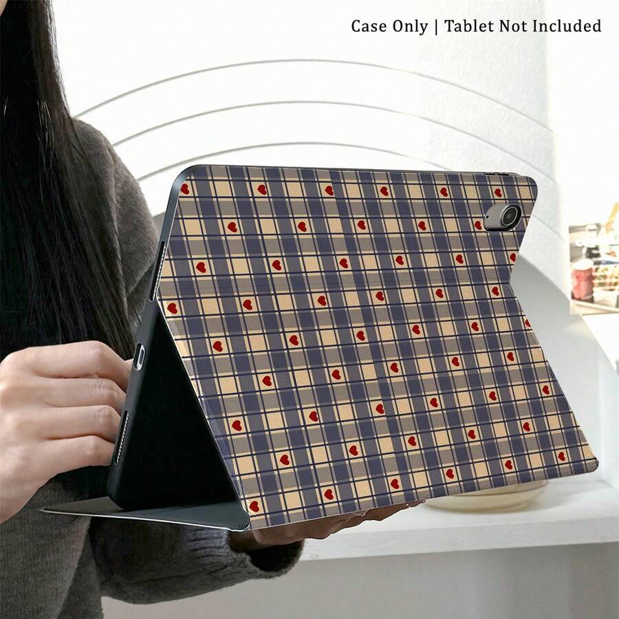 1pc Retro Plaid Red Heart Pattern Tablet Protective Case, With Pen Slot, Multi-Angle Magnetic Stand, Auto Sleep/Wake Function, Compatible With Ipad Pro/Air, Pad 5/6/8, Pad, MatePad, Pad, Honor Pad, Xiaoxin Pad - Multicolor - View 1