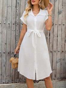 Vestido midi casual de mujer con botones frontales a rayas, vestido de verano con cintura anudada, vestido de trabajo de verano, vestido preppy, vestido con botones para mujer, vestido a rayas azul, vestidos de verano para mujer, conjuntos de v - Blanco - Ver 6