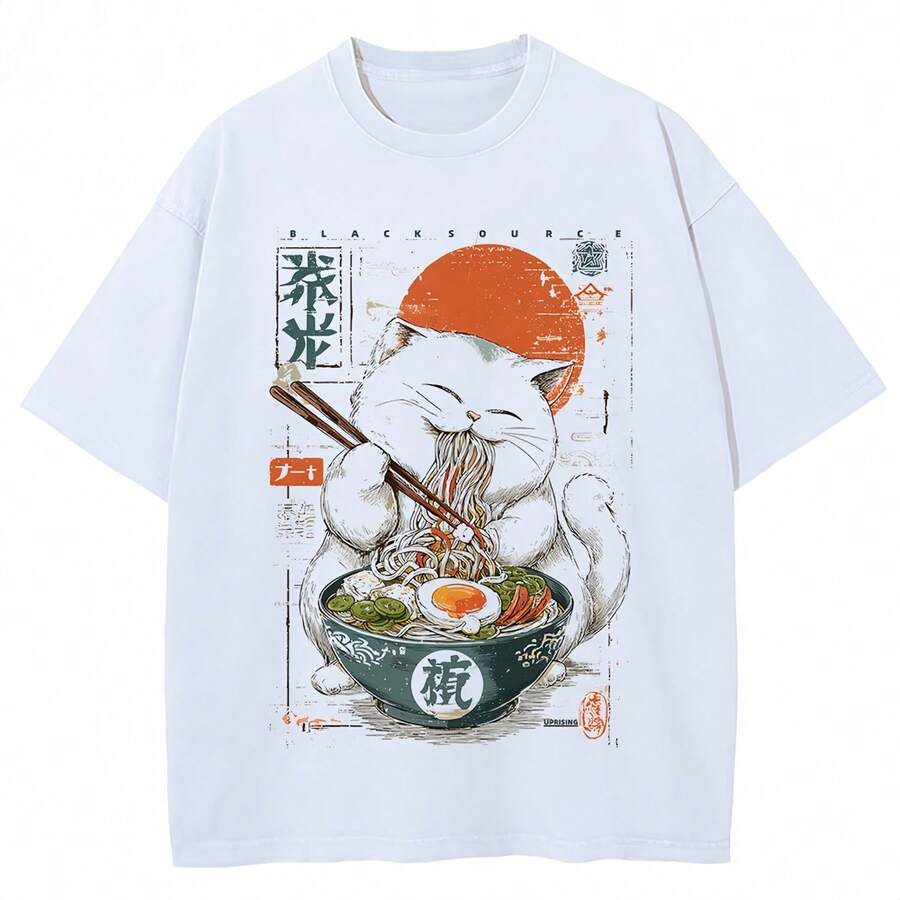 Women's Sexy And Casual Black Short-Sleeved T-Shirt With Unique Cat Print, Regular Length, Slightly Stretchy Knit Fabric. - 白色 - 查看 1