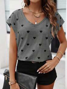 Camiseta sencilla con estampado de corazón de moda para mujer, para uso diario casual en verano - Gris - Ver 1