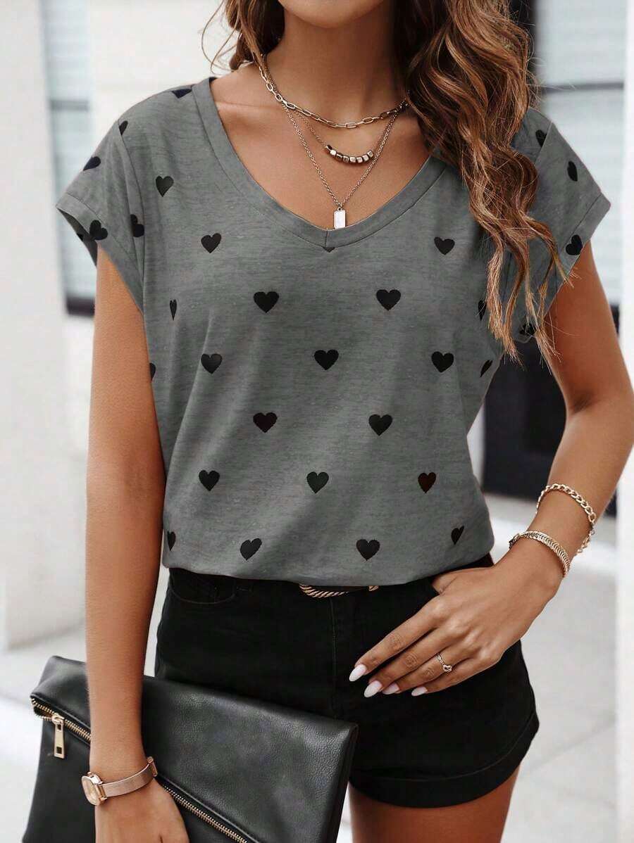 Camiseta sencilla con estampado de corazón de moda para mujer, para uso diario casual en verano - Gris - Ver 1
