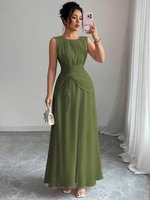 Vestido maxi casual, romántico, vintage y elegante de gasa para mujer con cordón en la cintura, para la playa, el té de la tarde, fiestas de noche, uso diario, sin mangas, de unicolor, vestido largo, primavera/verano - Verde militar - Ver 7