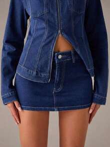 Minifalda de mezclilla ajustada de unicolor de moda de verano para mujer - Azul lavado oscuro - Ver 4