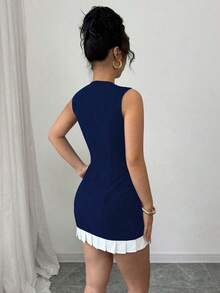 Raffinéa Vestido con hebilla de metal hueca y ribete de volantes para mujer - Azul marino - Ver 2