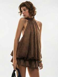 Vestido corto de verano para mujer con cuello halter, espalda descubierta y volantes con estampado de cuadros - Óxido marrón - Ver 5