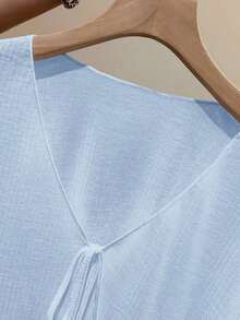 Vestido camisero con adorno de encaje, blusa de punto transparente de manga larga como cubridor para mujeres, para el verano - Celeste - Ver 5