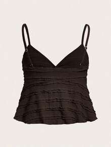 Blusa de tirantes de mujer con volantes de tela texturizada de unicolor para el verano y vacaciones - Café integral - Ver 2