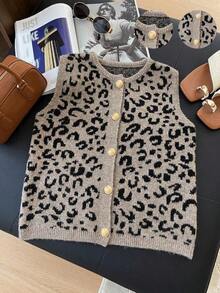 1 pieza Chaleco de punto de mujer minimalista de unicolor con botón de metal suave, parte superior casual versátil, suéter de moda de cuello redondo - Marrón - Ver 9