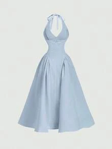 YHHSHEIN MOD Vestido largo con corbata de cuello de unicolor y estilo minimalista para mujer, uso casual diarioYHH - Azul - Ver 7
