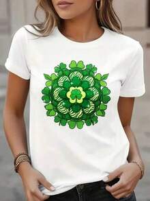 Women's White Casual T-Shirt With Lucky Clover And Mandala Design For St. Patrick's Day - 白色 - 查看 1