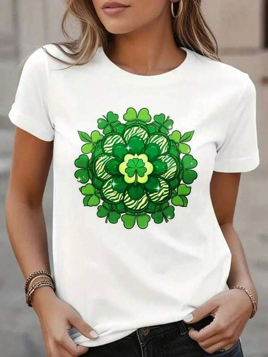 Women's White Casual T-Shirt With Lucky Clover And Mandala Design For St. Patrick's Day - 白色 - 查看 1