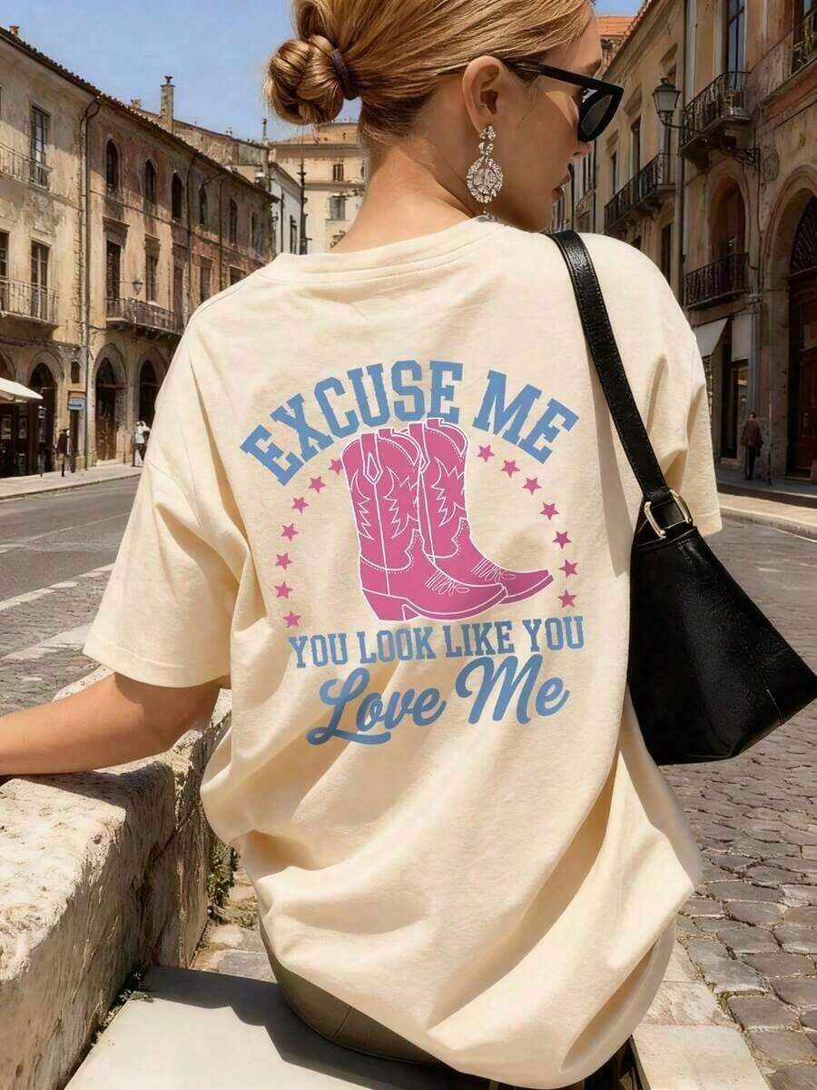 Camiseta vintage 100% para mujer, estilo punk suave y holgado, hecha de tela 100% algodón suave, estampada con el eslogan "EXCUSE ME YOU LOOK LIKE YOU LOVE ME" en rojo, llamativa y versátil, camiseta de manga corta estilo punk occidental americano, adecuada para salidas de fin de semana, fiestas temáticas de mezclilla y reuniones con amigos, ropa casual de verano para mujer, conjuntos de regalo para el Día de la Madre, ropa para la Copa del Mundo, ropa para fiestas de fútbol, ropa para días de juego, camiseta unisex de fútbol de EE. UU. de talla grande, ropa de verano para mujer. Moda - Albaricoque 3 - Ver 1
