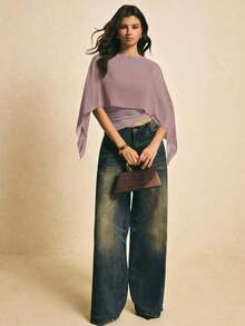 uello chal marrón para mujer, blusas elegantes para mujer, blusas casuales para mujer, apropiada para uso diario, salir, ir y venir en otoño/invierno, blusa de manga de murciélago, blusa marrón café, blusa marrón oscuro - Púrpura polvoriento - Ver 2