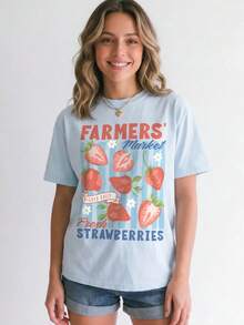 Farmers Market Strawberry Shirt, Vintage Fruit Tee, Fresh Strawberries Graphic T Shirt, Summer Foodie Top . Camiseta informal de moda con estampado creativo para mujer, de manga corta y cuello redondo, para primavera y verano T-Shirt Women Festive Celebration Shirt Party Wear Top - Multicolor - Ver 1