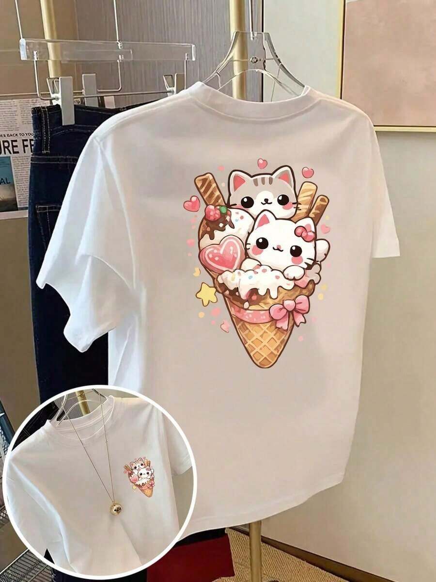 Plus Size T-Shirts For Women - Loose Off Shoulder T-Shirt, Casual Short Sleeve T-Shirts, Short Sleeve Printed T-Shirt With Front And Back Designs - Adorable Cats, Ice Cream - Spring/Summer Printed T-Shirt For Women, Fashionable Item, Versatile And Casual, Breathable And Comfortable. - 白色 - 查看 1