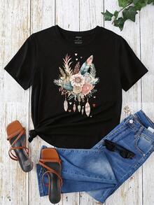 Camiseta con estampado de flores y plumas, camiseta casual de manga corta y cuello redondo para primavera y verano, ropa de mujer transpirable y cómoda. - Negro - Ver 12