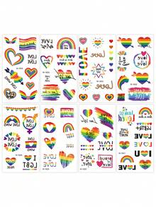 8张LGBTQ+骄傲主题临时纹身贴纸，包含鲜艳的彩虹心形图案、“爱赢了”和“为爱骄傲”标语贴纸，防水持久自粘，色彩缤纷，适用于骄傲月游行、LGBTQ+活动、锐舞派对、派对和演唱会等场合，也可作为DIY面部和身体彩妆配件。 - 彩色 - 查看 10