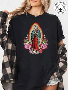 SummerBlusas de una pieza extra grandes para mujer, hermosas blusas para mujer, conjuntos de ropa para mujer, tienda local, y camiseta blanca de la Virgen de Guadalupe, estampado religioso, alta calidad, cuello redondo, corte holgado básico, para hombre y mujer, transpirable, versátil, lavable a máquina, cómoda, tallas S-2XL, para uso diario, casual, deportivo, esencial para el verano. 100% Algodón. Camiseta de manga corta para mujer, estilo básico que combina con todo, para uso interior y exterior. - Negro - Ver 3