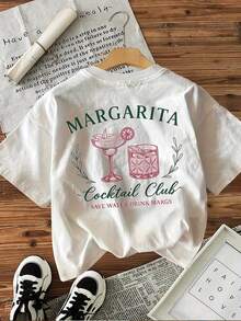 Estilo casual, diseño de cóctel, eslogan MARGARITA Roostertail, camiseta de manga corta con cuello redondo estampada, 100% algodón. - Blanco - Ver 3