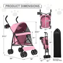 Carriola para mascotas de 4 ruedas, fácil de plegar para cachorros, con cubierta solar, almohadilla y bolsa de almacenamiento trasera, malla transpirable y visible para mascotas - Rosado - Ver 8