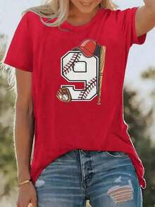 Women's Pure Cotton Printed T-Shirt, Women's Pure Cotton Printed T-Shirt, Number Nine With Red Cap, Glove, Ball, And Bat Symbolizing The Passion For Baseball And Sports Energy, Women's 100% Cotton Casual Comfortable T-Shirts For Everyday Wear - 紅色的 - 查看 2