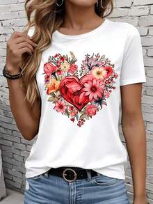 Camiseta de Mujer con Diseño de Corazón Floral, Top Casual de Verano con Estampado de Flores Vibrantes y Corazón Rojo, Camiseta de Algodón Cómoda para Uso Diario, Ocio, Aire Libre, Vacaciones, Fiesta, Regalo. Camiseta de Manga Corta para Mujer, Ocio, Aire Libre, Hogar, 220g, 100% Algodón.ropa de calor mujer - Blanco - Ver 7
