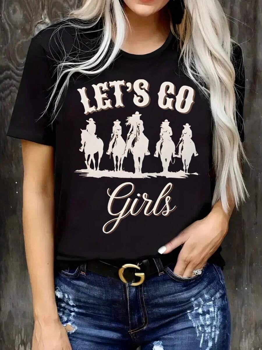 1psc2513 Camiseta Estampada de Cuello Redondo, Manga Corta, Casual, 100% Algodónropa de calor mujer - Negro - Ver 1