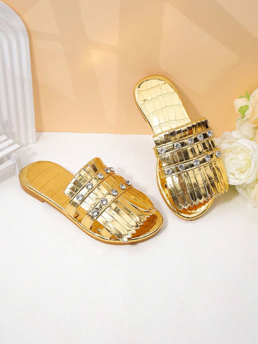 Girl's Retro-Style Rhinestone Fringe Slides, Versatile Outdoor Beach Shoes For Summer - Gold - View 1