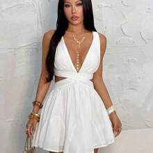 PETITE White Chiffon V-Neck Backless Tie Strap Mini Dress, White Dress, Graduation Dress, Vacation Dress, Spring/Summer ,Summer Dress - Blanco - Ver 5