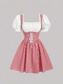 MOD Vestido De Mujer Vintage De Cuadros Azules Y Parches - Rojo - Ver 9