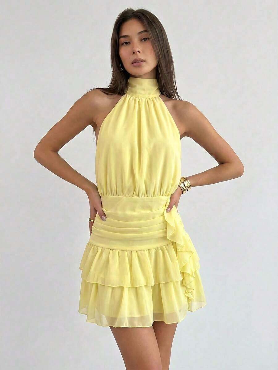 Vestido mini con cintura ceñida, volantes en el bajo y lazo en la espalda, para el Día de San Valentín - Amarillo claro - Ver 1