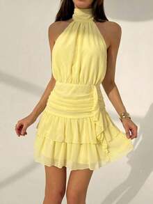 Vestido mini con cintura ceñida, volantes en el bajo y lazo en la espalda, para el Día de San Valentín - Amarillo claro - Ver 6