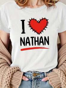 Women's Modern, Casual T-Shirt, Perfect For Parties And Lounging At Home. 100% Cotton, Loose Fit. Casual Short-Sleeved T-Shirt With A Round Neck And "I Love Nathan Stitch Heart" Graphic Print. Women's Spring/Summer Style, Everyday Wear, Perfect For Going Out, Holiday Gift, 100% Cotton. - 白色的 - 查看 7