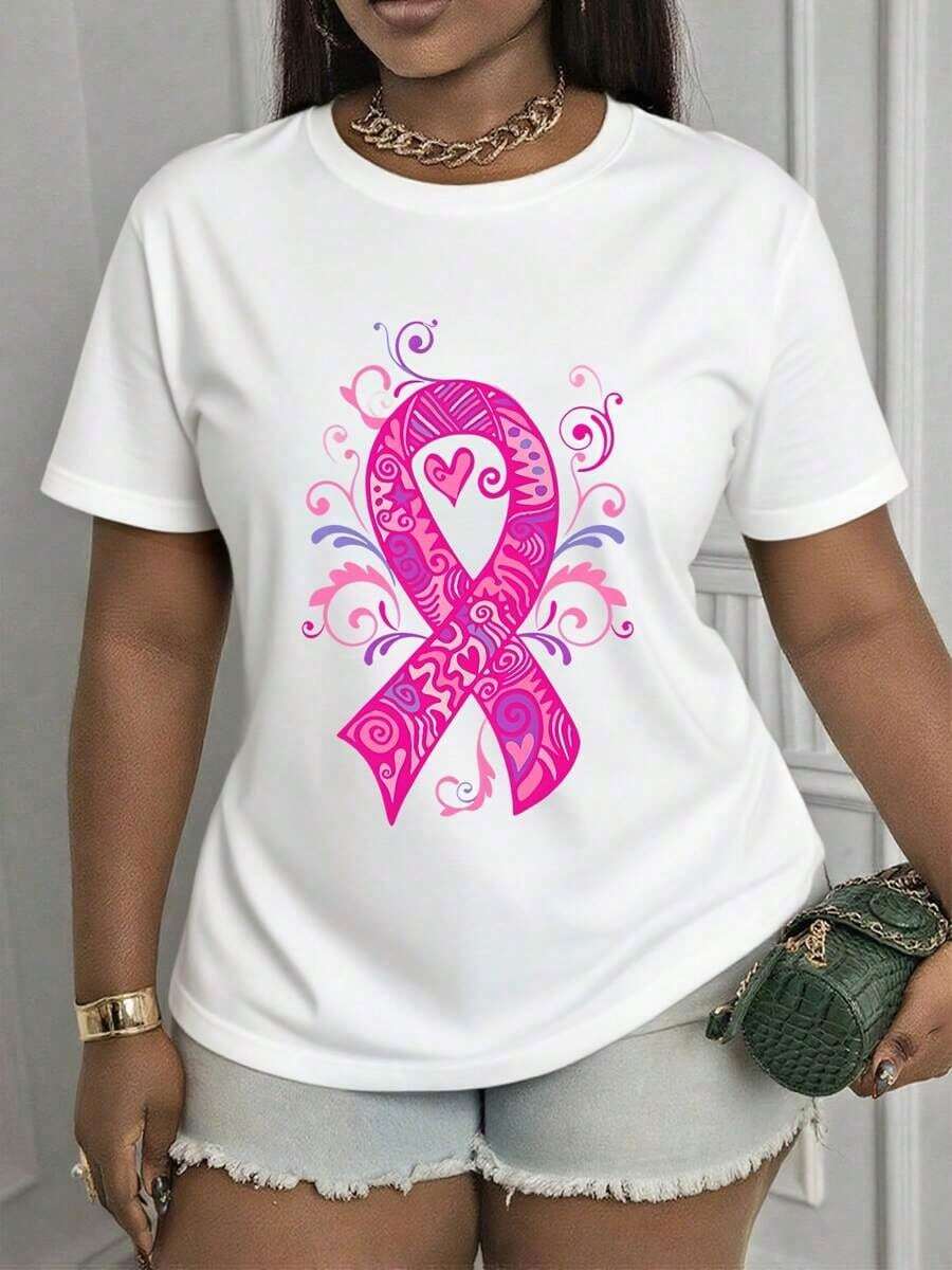 Plus Size Women's Breast Cancer Awareness T-Shirt With Halloween Print "In October We Wear Pink", Women's Breast Cancer T-Shirts, Pink Ribbon Cancer Fight T-Shirt, "Love Hope Survivor" T-Shirt, "Stronger Than Cancer" T-Shirt, High Quality Fabric, Machine Washable, Loose Fit, Casual And Versatile T-Shirt, Y2k Style. - 白色 - 查看 1