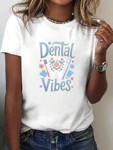 Premium Women's Dental Theme Printed T-Shirt - Short Sleeve, Crew Neck, Casual Style, Medium Elasticity, Machine Washable, Comfortable Fit, Suitable For Spring And Summer, Gift For Dental Hygienists, Fun Dental Theme Clothing, Cute New Arrival - 白色 - 查看 6