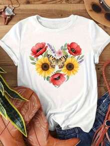 ropa de mujer Camiseta de moda para mujer, camiseta de mujer, top casual de manga corta con cuello redondo estilo bohemio, decorada con estampado floral de corazones, adecuada para todas las estaciones, lavable a máquina. Ropa de verano para mujer. camisas de mujer - Blanco - Ver 5