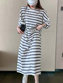Vestido mediano y largo de mujer Vestido de verano de manga corta estilo coreano con cintura ajustada que adelgaza, cubre el abdomen, ropa de mujer, vestido largo de rayas hasta la rodilla con cinturón tipo camiseta - Blanco - Ver 5