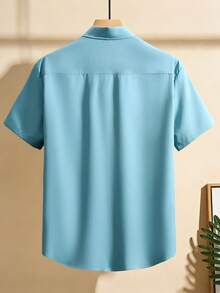 Men's Solid Color Business Casual Short Sleeve Shirt - Blue - View 3