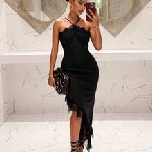 Slayr Women's Elegant Solid Color Lace Patchwork Asymmetric Hem Dress, Summer,Black Dress For Women - Negro - Ver 2