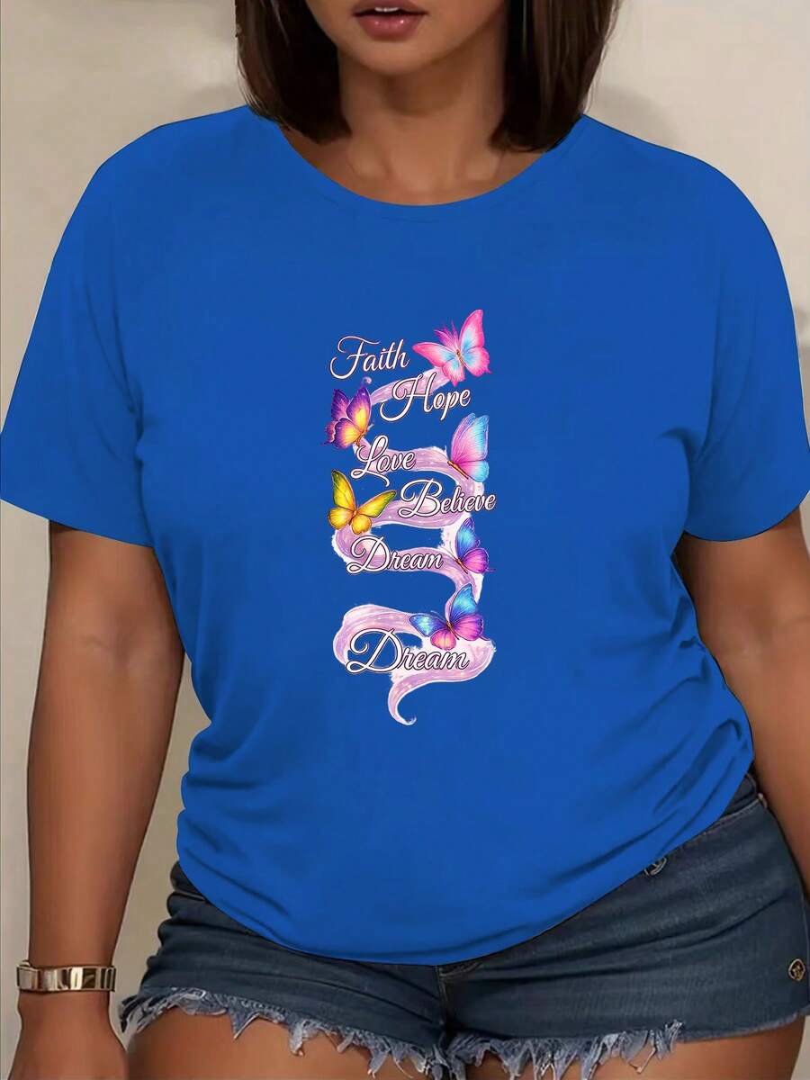 Camiseta de Manga Corta con Estampado "ClassicFaith Hope Love Believe Dream", Largo Regular, Ropa de Mujer, Camiseta Deportiva, Ideal para Viajes Diarios, Reuniones y Oficina, Bestseller - Azul - Ver 1