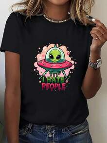 Ropa de talla grande para mujer, camiseta holgada y divertida con estampado de alienígena "Odio a los Humanos" - top casual blanco de estilo urbano con diseños de alienígena verde y OVNI rosa, tela cómoda y transpirable adecuada para uso diario y fiestas, blusas de verano de cuello redondo estilo casual para mujer. Camisetas gráficas de verano para mujer. Camiseta casual estampada para mujer, manga corta y cuello redondo, moda urbana local de primavera/verano. - Negro - Ver 3