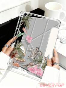 椰子树、海龟和芙蓉花图案平板电脑保护套，适用于 iPad Air 8 (M4) 2026 (11 英寸)/2026 (13 英寸)、9.7/10.2/10.5/10.9/12.9/Pro 11/A16、第十代、Galaxy Tab S6 Lite 10.4 英寸、Kindle Paperwhite 第十二代 2024、Kindle（第十一代 - 2024 年发布），提供柔软防震保护、智能睡眠/唤醒功能、Y 型折叠支架、多角度观看，是学生、情人节、节日等场合的可爱礼物。 - 彩色 - 查看 4