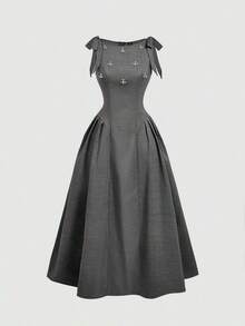 Vestido color albaricoque con cuello redondo, sin mangas, con ribete de contraste, lazo decorativo en la cintura y bajo acampanado - Gris 2 - Ver 5
