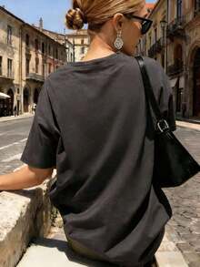 Camiseta de mujer estampada de manga corta para verano, tela de algodón , estilo multifuncional, corte regular, peso 190 gramos - Gris Oscuro - Ver 2