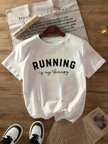 Camiseta de cuello redondo con estampado de letras, estilo deportivo casual para mujer, de manga corta. - Blanco - Ver 7